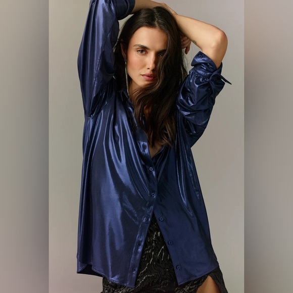 NWT! By Anthropologie Navy Shine Button Down Shirt - Size Large Petite 🏀 - Picture 1 of 7